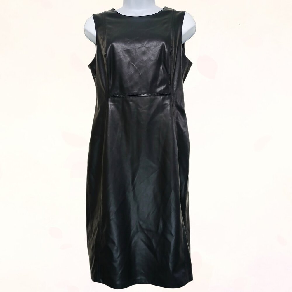 Calvin Klein Black Faux Leather Sleeveless Wiggle Pencil Sheath Petite Dress S.8